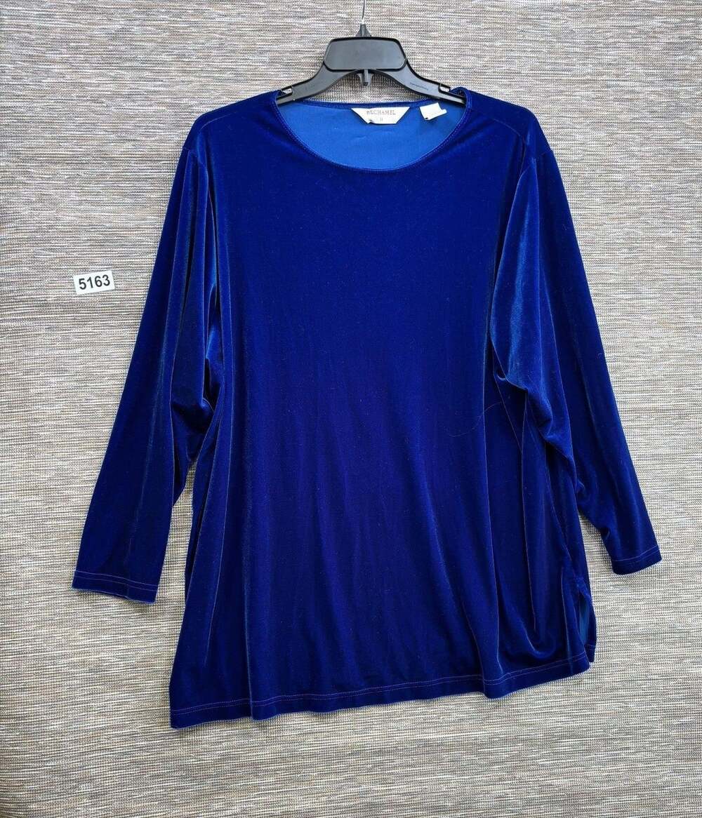 Bechamel Blouse Womens Size 2X Plus Blue Velour 3/4 Sleeve Scoop Neck Tunic Top